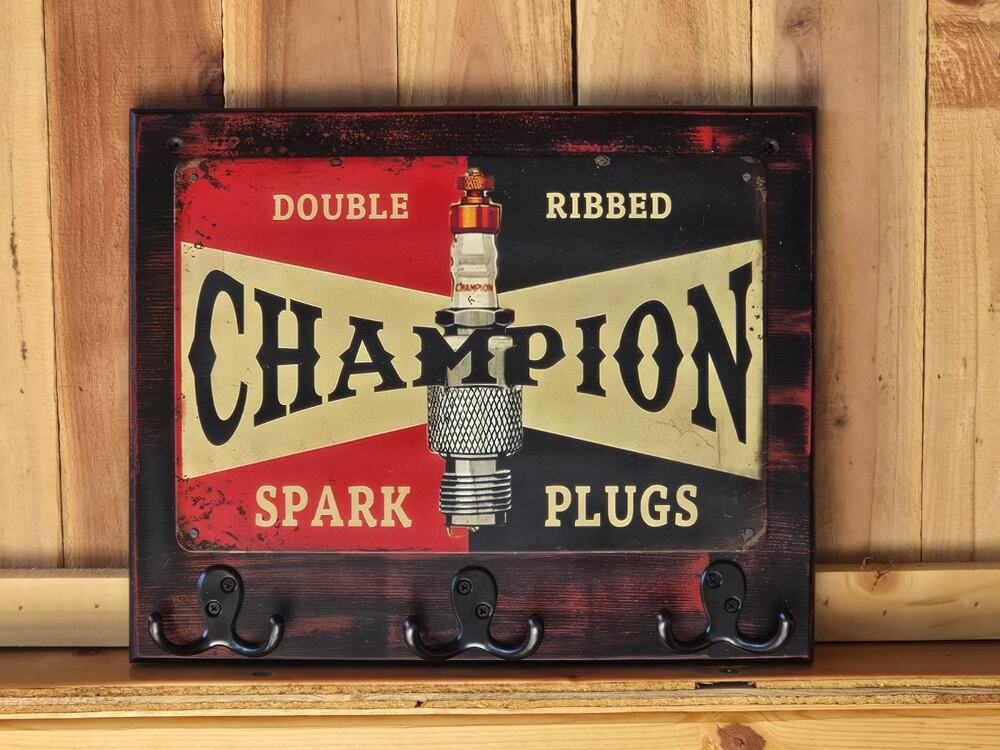 Champion Spark Plug Sign, Rustic, Mounted on Solid Wood, Hooks, Handmade, New